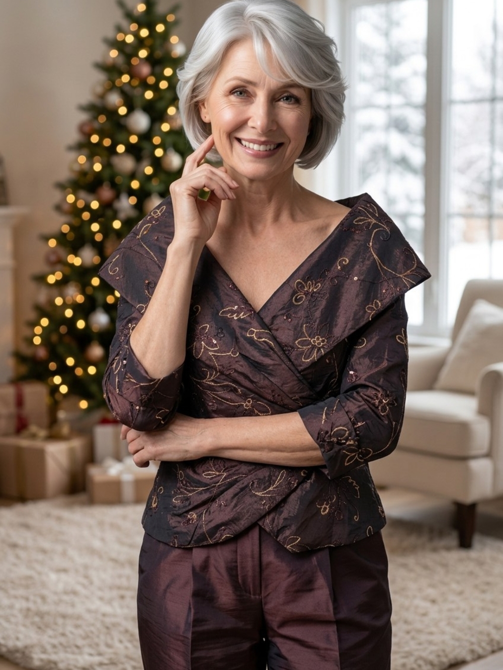 Elegant Women's Dark Brown Wrap Blouse with Metallic Floral Detail